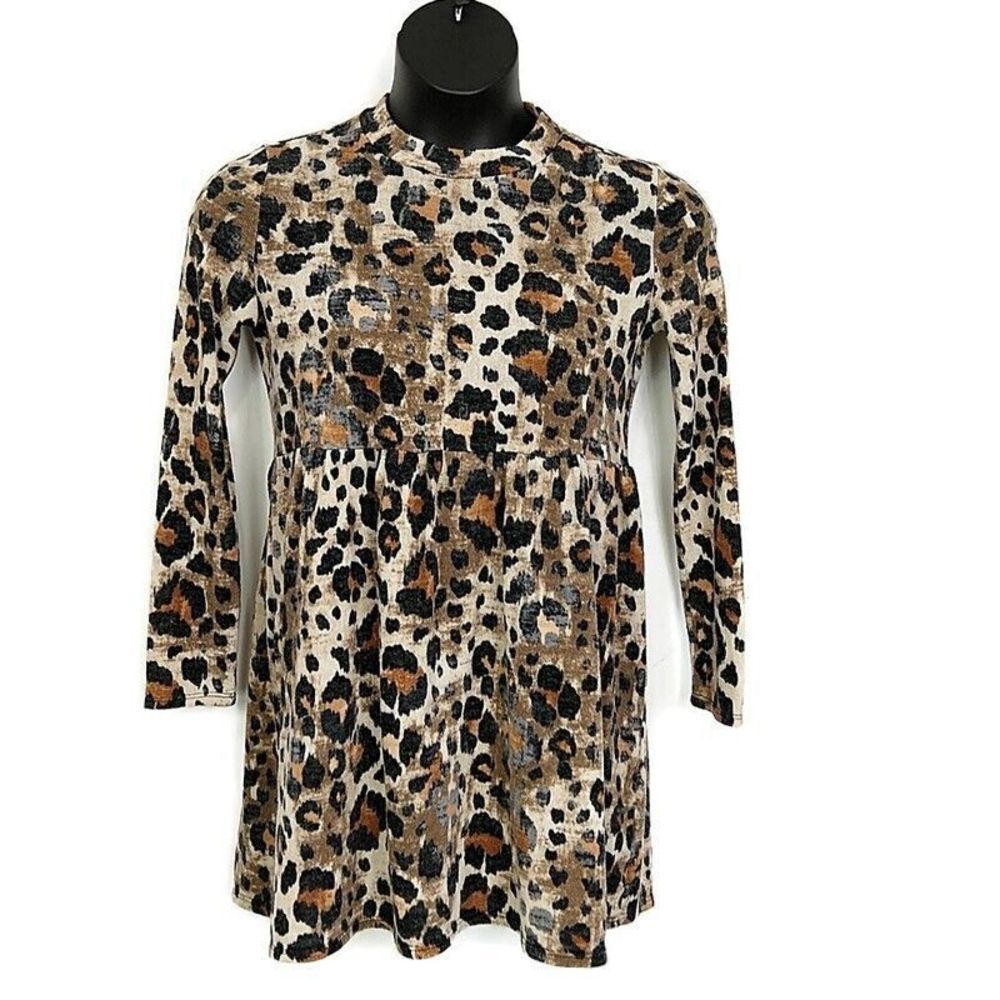 Entro Leopard Print Babydoll Tunic Dress Animal Print Long Sleeve sz L